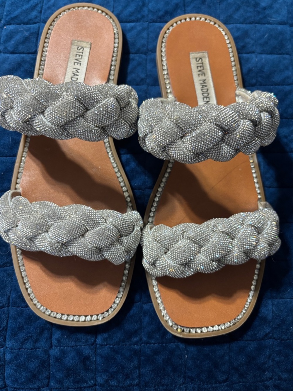 Steve Madden Sparkling Braided Double-Strap Slides in Silver